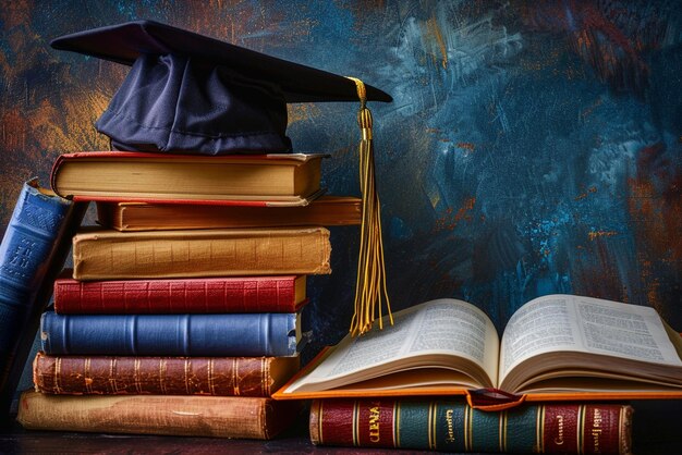 photo front view of stacked books a diploma and an earth globe with copy space for education day