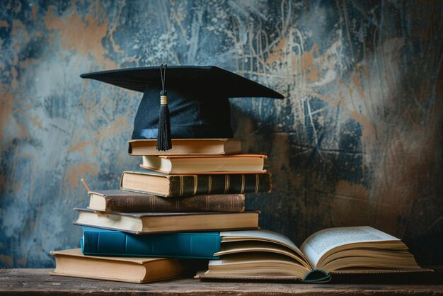 photo front view of stacked books a diploma and an earth globe with copy space for education day