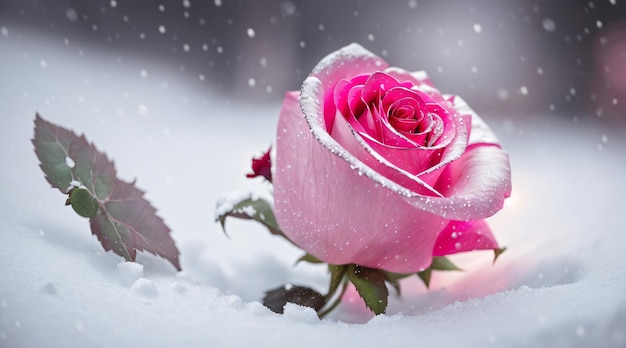 Photo frozen magic red rose in the snow romantic background