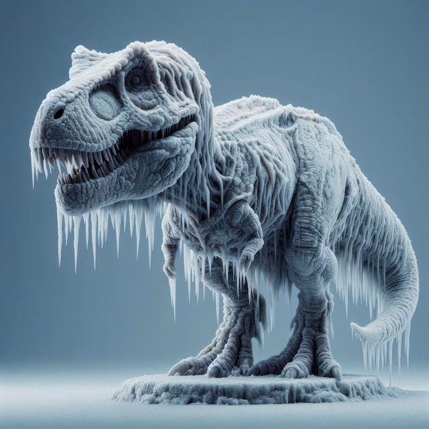 Photo of a frozen Tyrannosaurus rex prehistoric animal on solid background ai generative