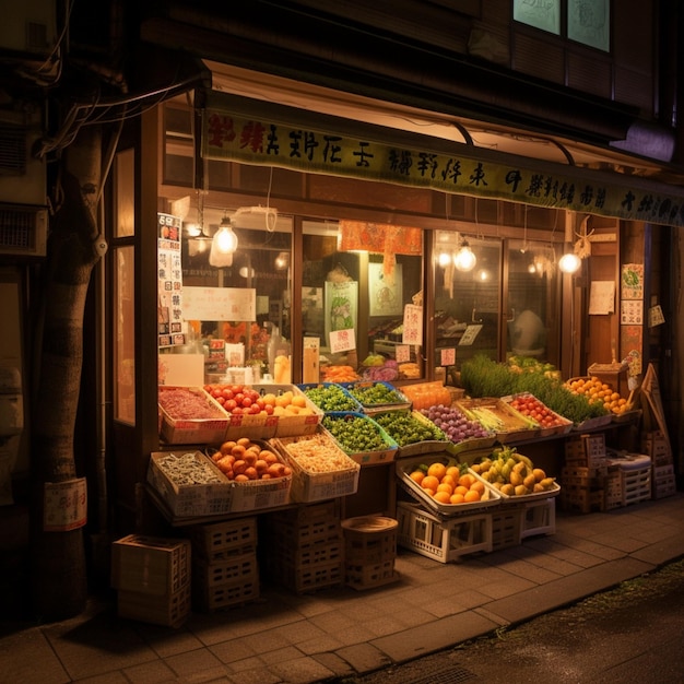 a photo of a fruit shop in warmlight which is in the european street at night in japan