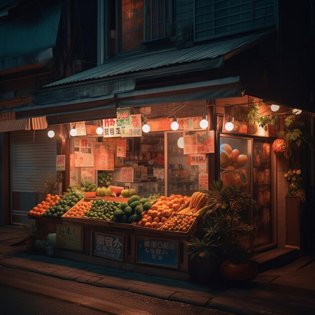 a photo of a fruit shop in warmlight which is in the european street at night in japan