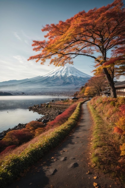 photo fuji mountain and kawaguchiko lake in morning at autumn seasons