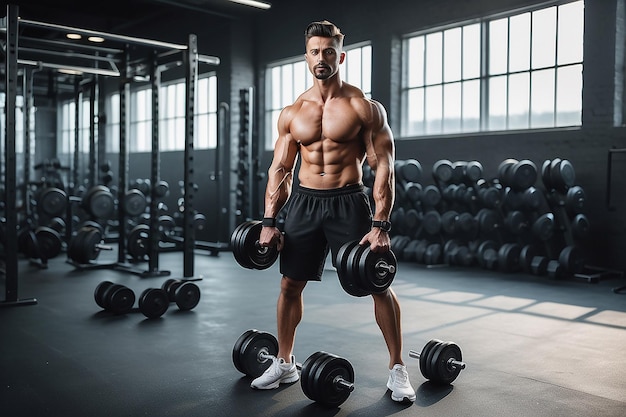 Photo full body portrait of athletic shirtless male doing biceps workouts with dumbbells in a gym club