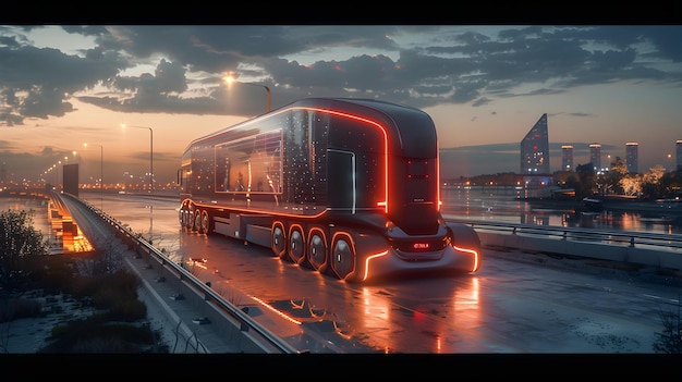 Photo photo of a futuristic autonomous semi truck crossing a river bridge