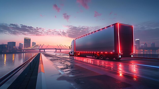 Photo photo of a futuristic autonomous semi truck crossing a river bridge