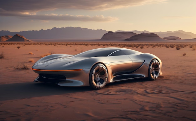 Photo futuristic car rests at the edge of a desert cliff with sunset generative ai