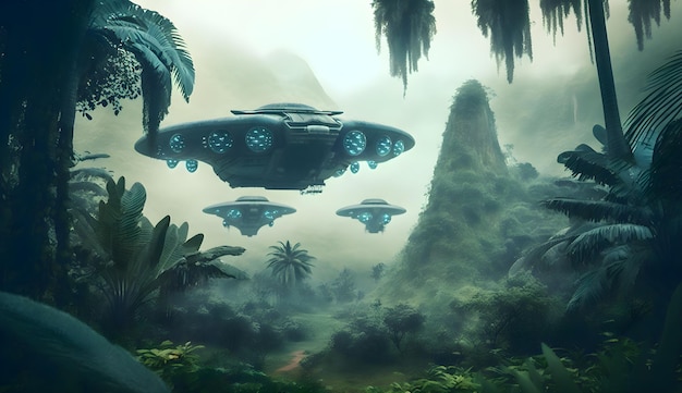 Photo futuristic jets fly over misty alien jungle aigenerated generative ai