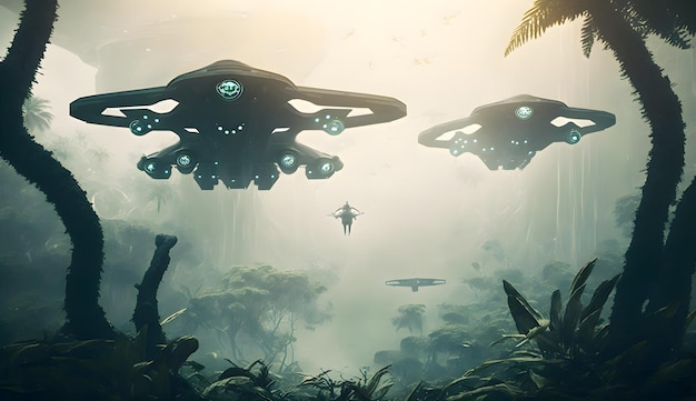 Photo futuristic jets fly over misty alien jungle aigenerated generative ai