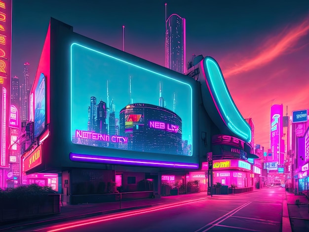 Photo futuristic neon city with billboard at stree