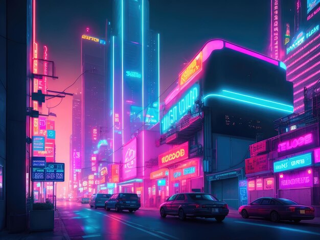 Photo futuristic neon city with billboard at stree