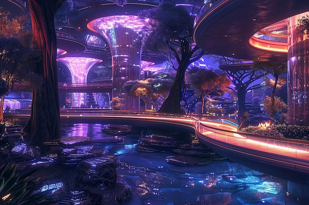 Photo of a futuristic theme park with advanced rides