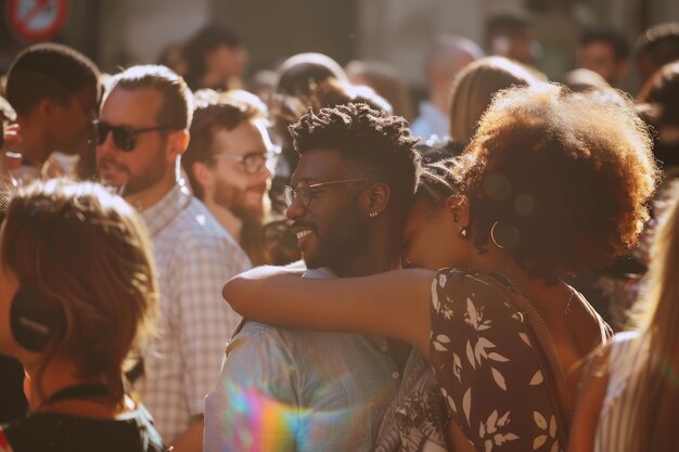 Photo of a Gay couple embracing amongst a crowd of People