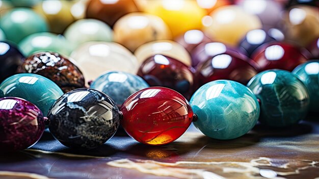 A photo of gemstone beads on a marble countertop natural daylight