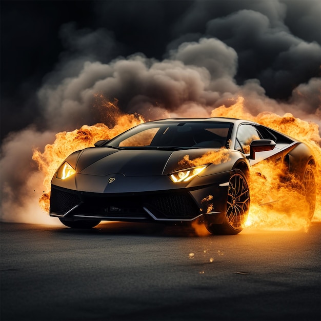 Photo generic and brandless modern sport car with fire and smoke