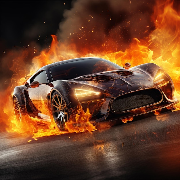 Photo generic and brandless modern sport car with fire and smoke