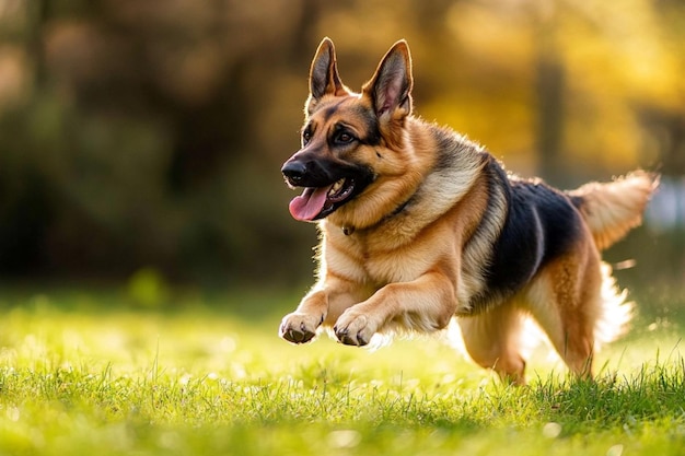 Photo of a German Shepherd dog in a garden setting