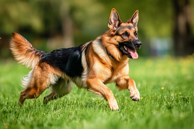 Photo of a German Shepherd dog in a garden setting