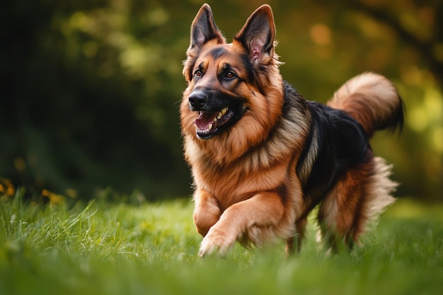 Photo of a German Shepherd dog in a garden setting