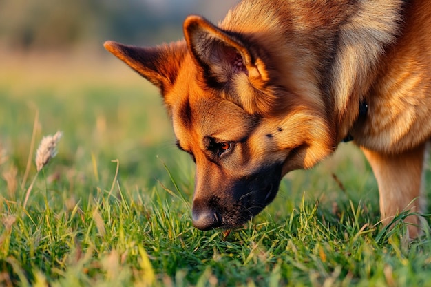 Photo of a German Shepherd dog in a garden setting