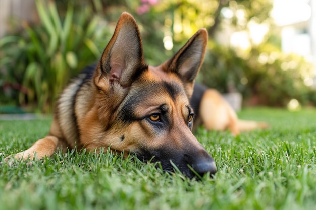 Photo of a German Shepherd dog in a garden setting