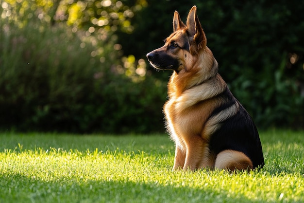 Photo of a German Shepherd dog in a garden setting