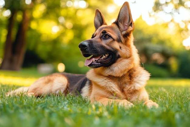 Photo of a German Shepherd dog in a garden setting