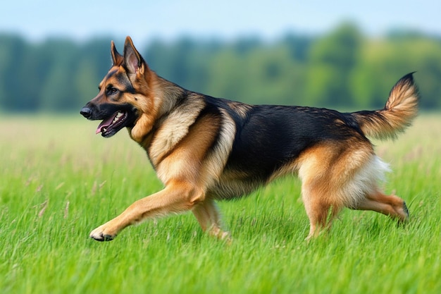 Photo of a German Shepherd dog in a garden setting