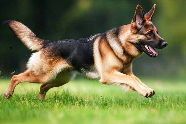 Photo of a German Shepherd dog in a garden setting