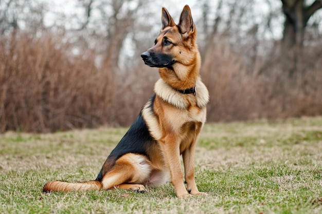 Photo of a German Shepherd dog in a garden setting