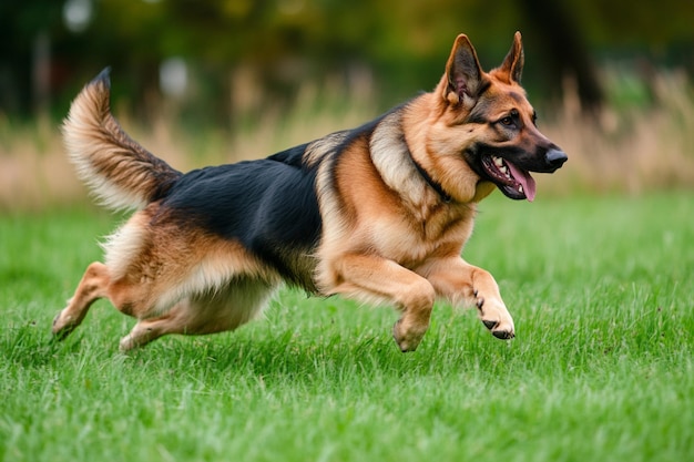 Photo of a German Shepherd dog in a garden setting