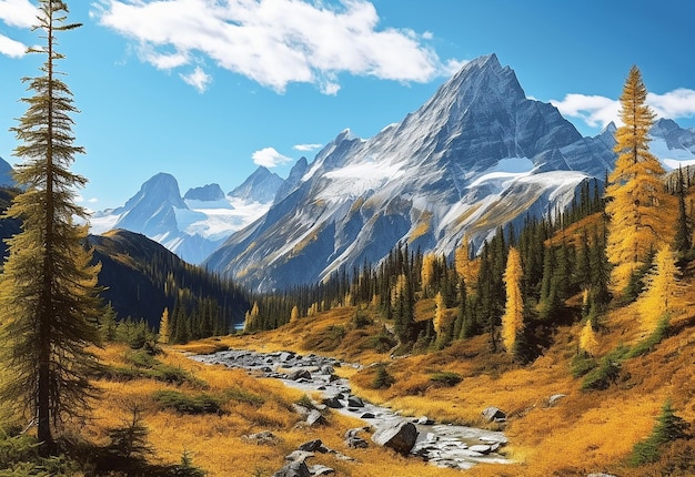 Photo of giant mountains with green valley and meadow in sunny day