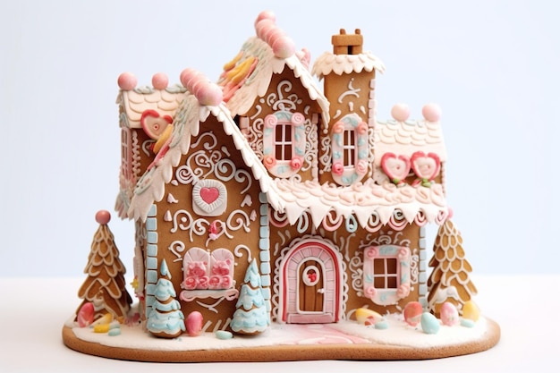 Photo gingerbread house surrounded by festive decorations and lights created with generative ai