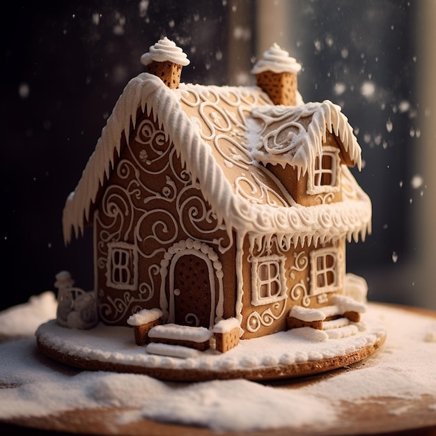 Photo a gingerbread house with snow on the roof ai generated