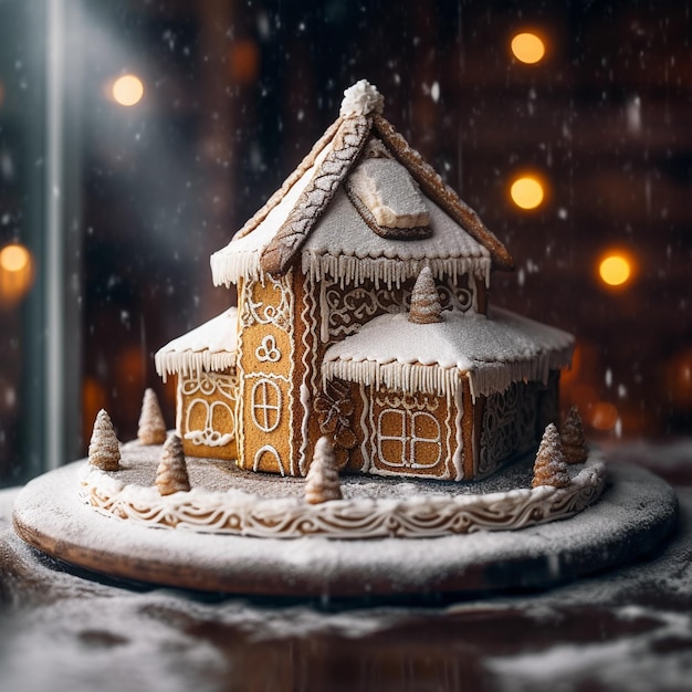 Photo a gingerbread house with snow on the roof ai generated