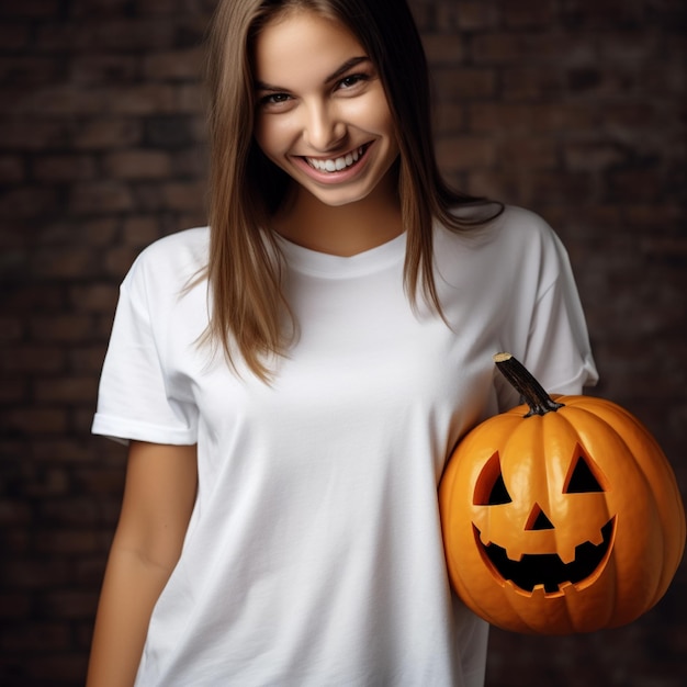 Photo of a girl holding scary halloween pumpkin wearing a plain white tshirt