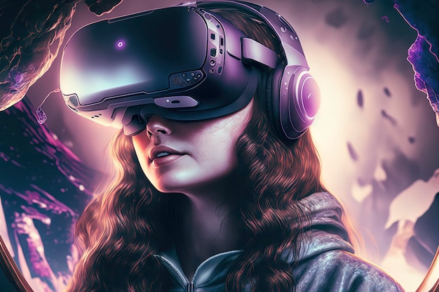 A photo of a girl using an vr Quest headset