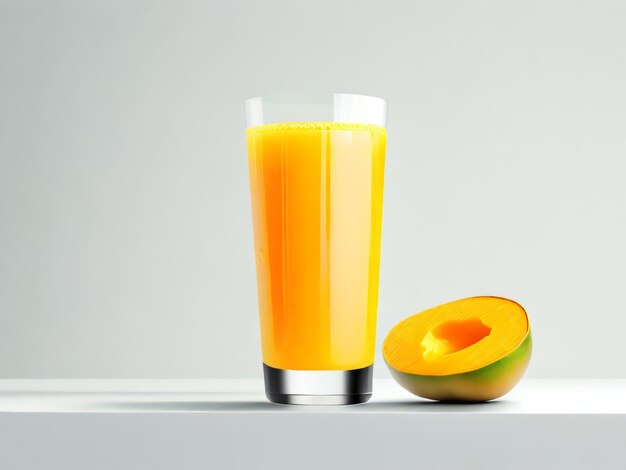 Photo A glass of juice next to a peach On A white table with white background