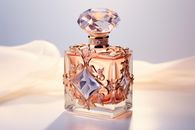 photo of a glass perfume bottle on a white surface in the style of romantic sensibility