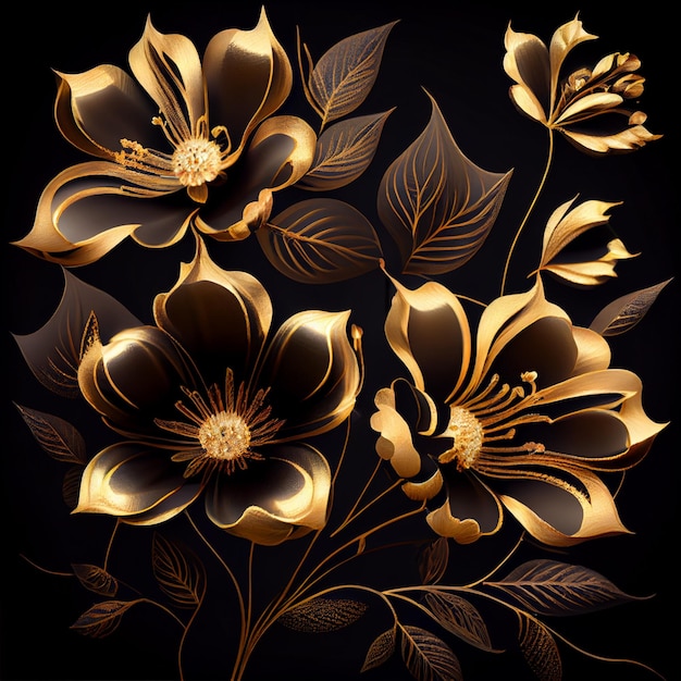 Photo golden flowers on black background elegant floral wallpaper Generate Ai