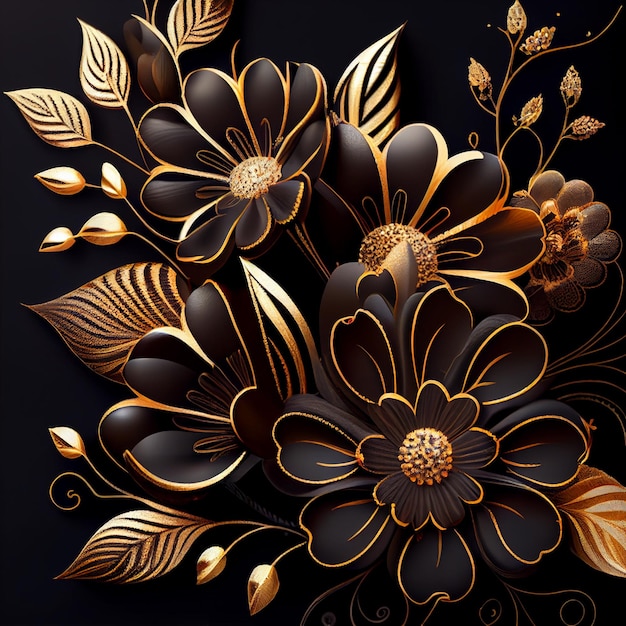 Photo golden flowers on black background elegant floral wallpaper Generate Ai