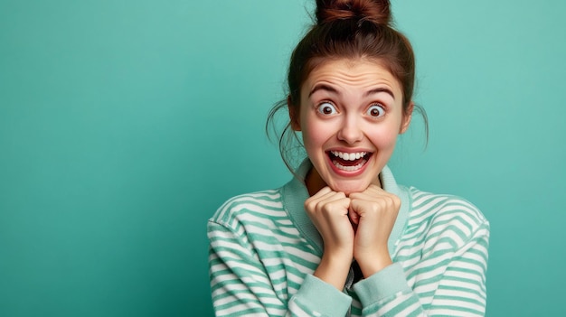 Photo photo of good looking young caucasian female holds chin smiles broadly