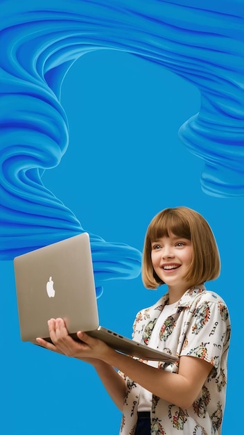 Photo of good mood girl with bob hairstyle dressed print shirt hold laptop directing empty space is