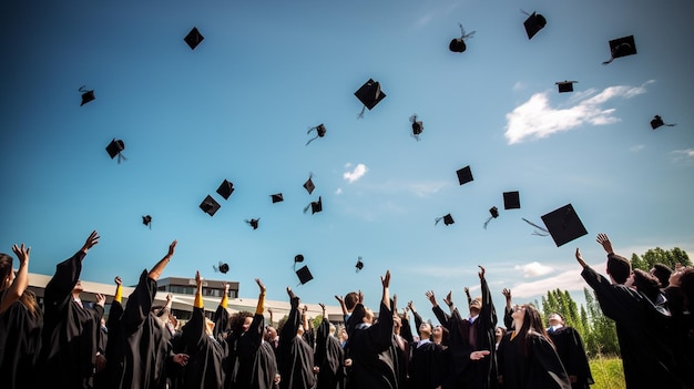 Photo of graduates student graduation caps thrown in the sky