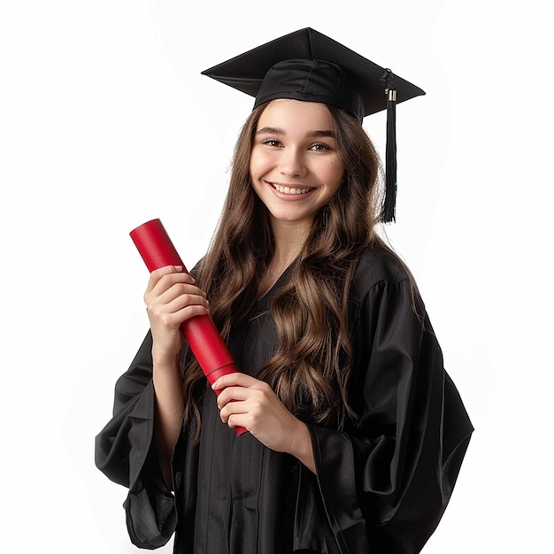 Photo of Graduation Girl Wearing a black graduation gown and cap holding a red diploma and smiling