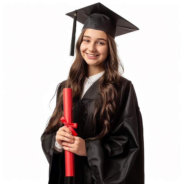 Photo of Graduation Girl Wearing a black graduation gown and cap holding a red diploma and smiling