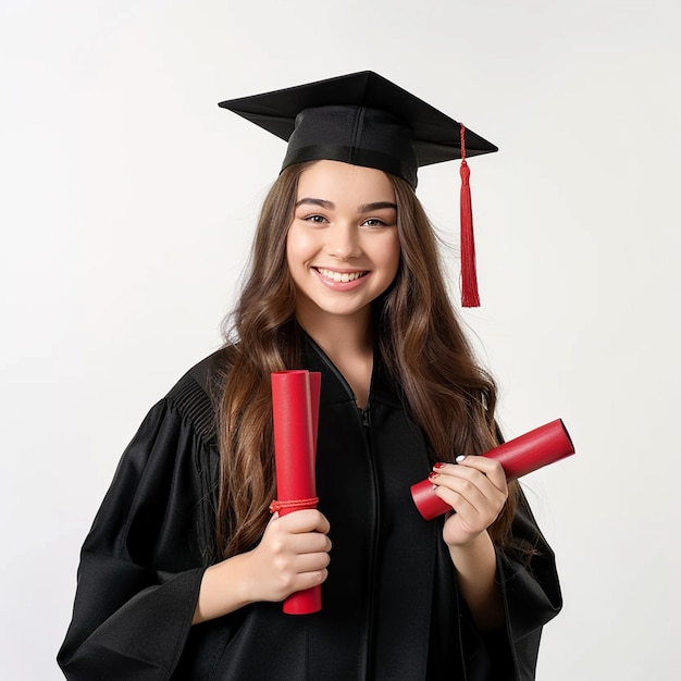 Photo of Graduation Girl Wearing a black graduation gown and cap holding a red diploma and smiling