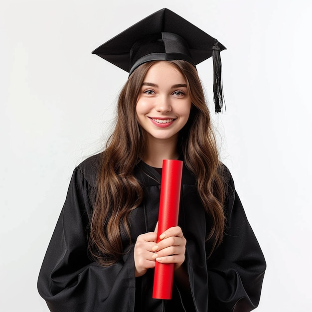 Photo of Graduation Girl Wearing a black graduation gown and cap holding a red diploma and smiling