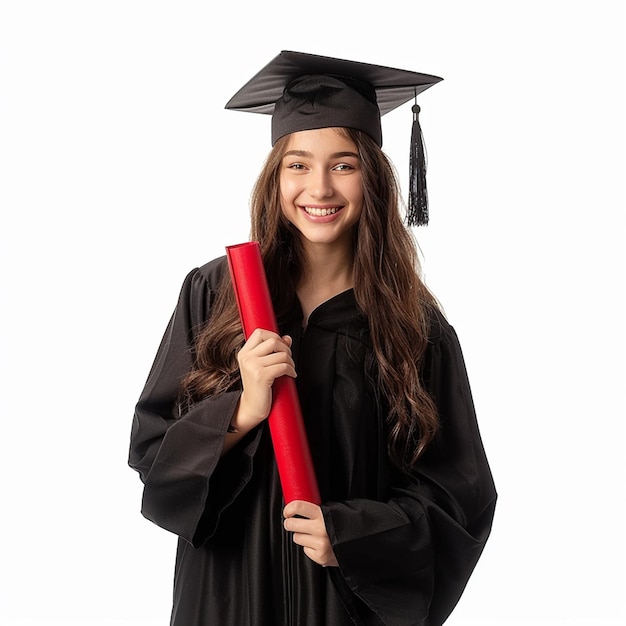 Photo of Graduation Girl Wearing a black graduation gown and cap holding a red diploma and smiling