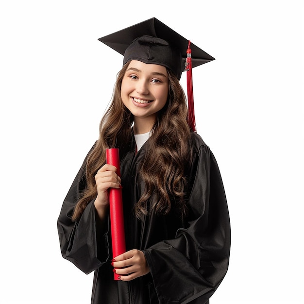 Photo of Graduation Girl Wearing a black graduation gown and cap holding a red diploma and smiling